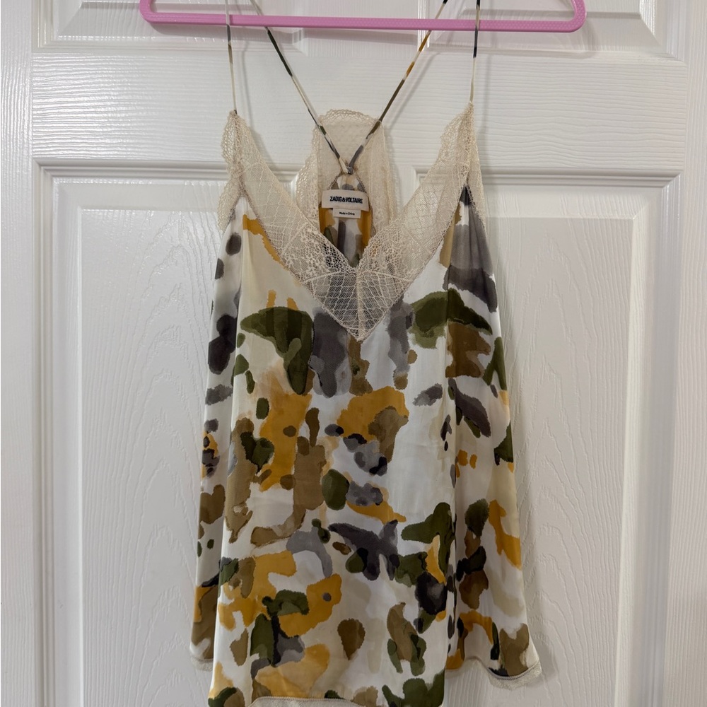 Zadig & Voltaire Cream Lace-Trim Cami with Olive & Mustard Print